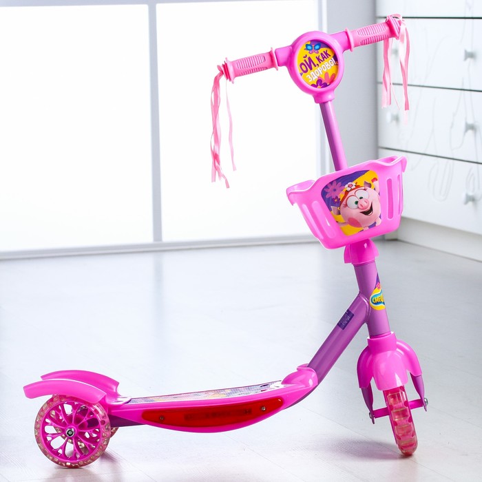 Самокат СМЕШАРИКИ "Ой, как здорово!" музыка, свет, три колеса PVC d=130/110 мм, с корзиной