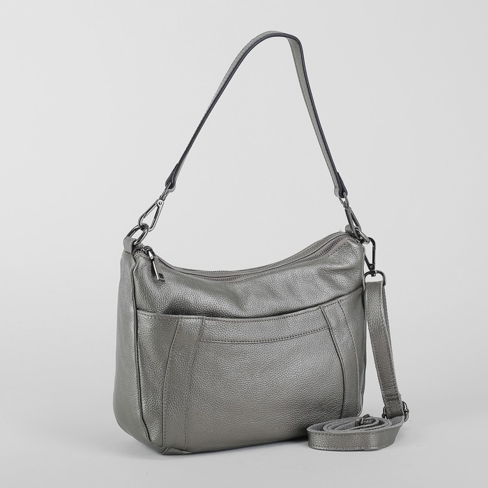 Сумка женская, 2 отдела на молниях, 2 наружных кармана, длинный ремень, цвет серебристый