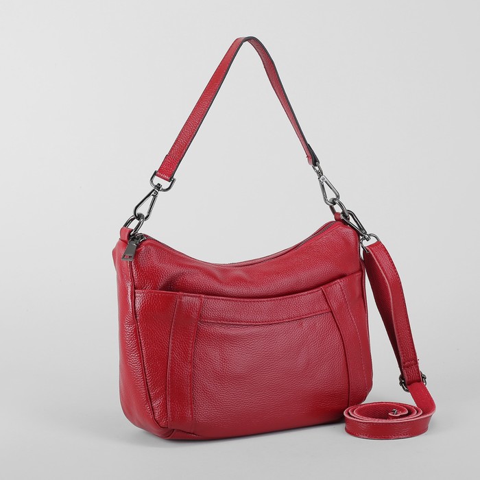 Сумка женская, 2 отдела на молниях, 2 наружных кармана, длинный ремень, цвет красный