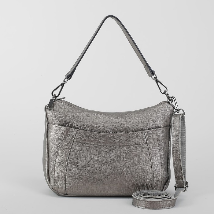 Сумка женская, 2 отдела на молниях, 2 наружных кармана, длинный ремень, цвет бронзовый