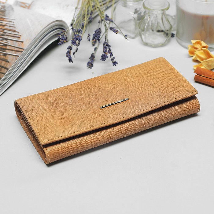 Кошелёк женский, 3 отдела, для карт, для монет, игуана, цвет бежевый