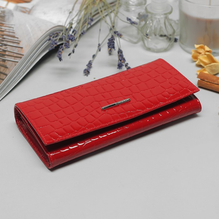 Кошелёк женский, 3 отдела, для карт, для монет, крокодил, цвет красный