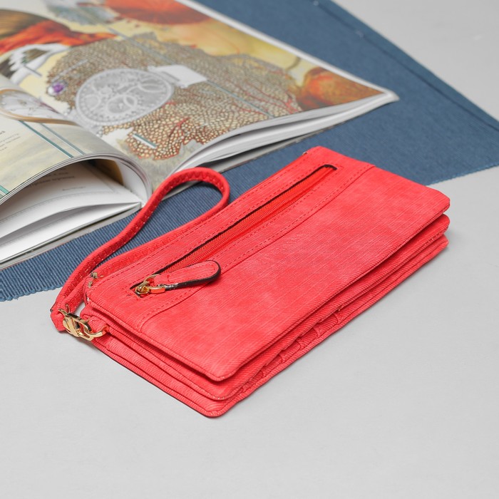 Кошелёк женский, 5 отделов, для карт, для монет, наружный карман, с ручкой, цвет красный