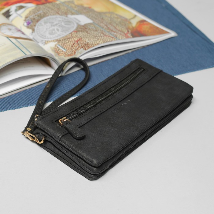 Кошелёк женский, 5 отделов, для карт, для монет, наружный карман, с ручкой, цвет чёрный