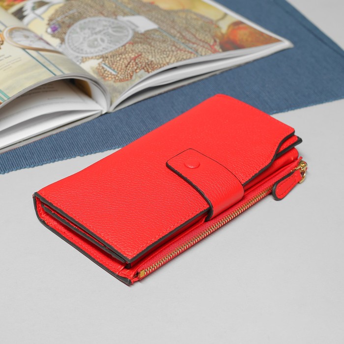 Кошелёк женский, 3 отдела, для карт, для монет, наружный карман, цвет красный