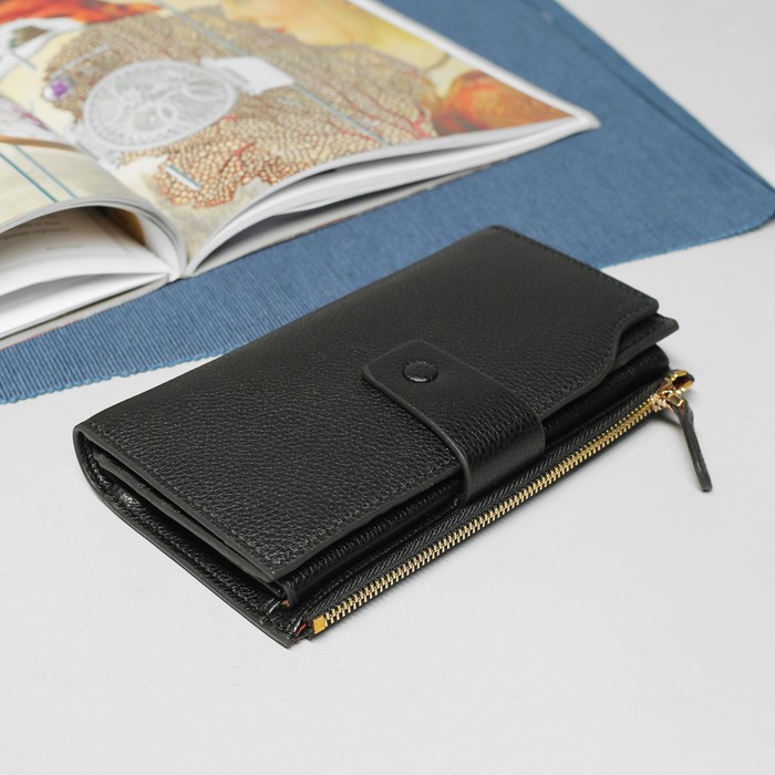 Кошелёк женский, 3 отдела, для карт, для монет, наружный карман, цвет чёрный