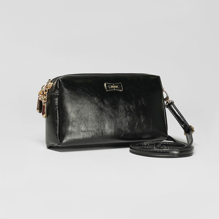 Клатч женский, 2 отдела на молнии, наружный карман, длинный ремень, цвет чёрный