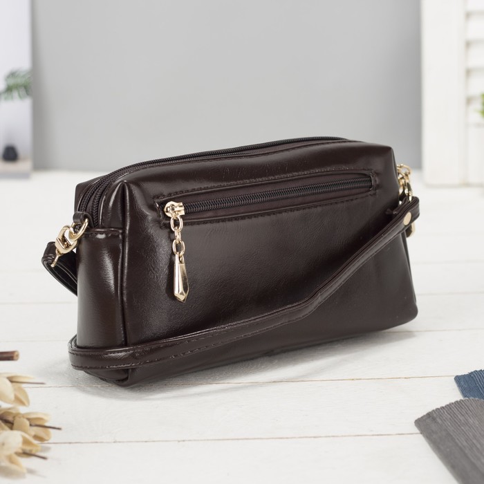 Клатч женский, 2 отдела на молнии, наружный карман, длинный ремень, цвет коричневый