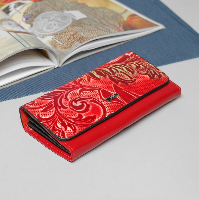 Кошелёк женский, 2 отдела рамка, 4 отдела, для карт, цвет красный