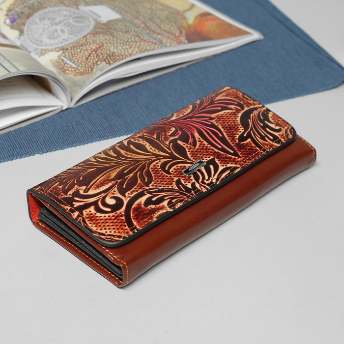 Кошелёк женский, 2 отдела рамка, 4 отдела, для карт, цвет коричневый