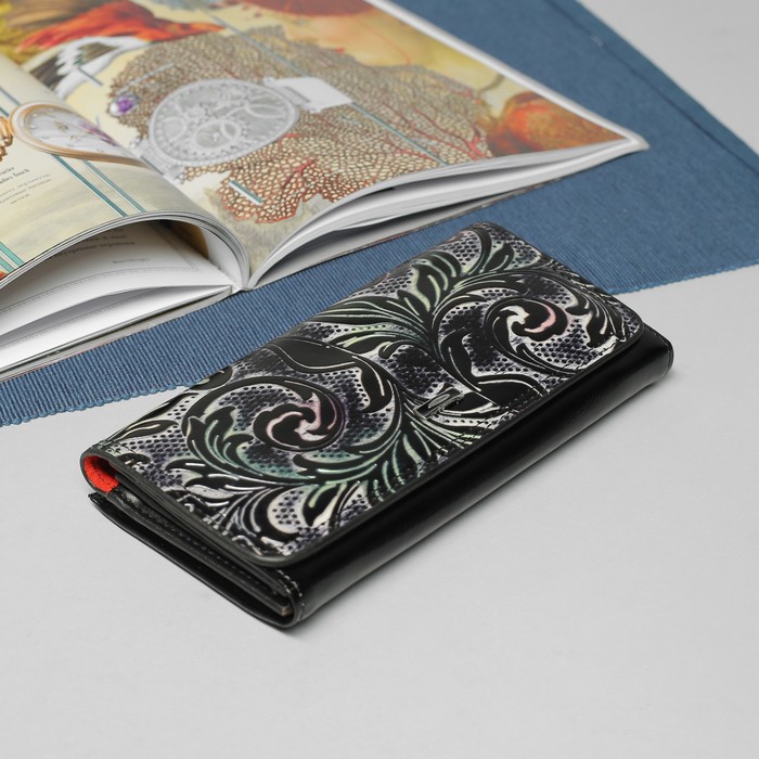 Кошелёк женский, 2 отдела рамка, 4 отдела, для карт, цвет чёрный