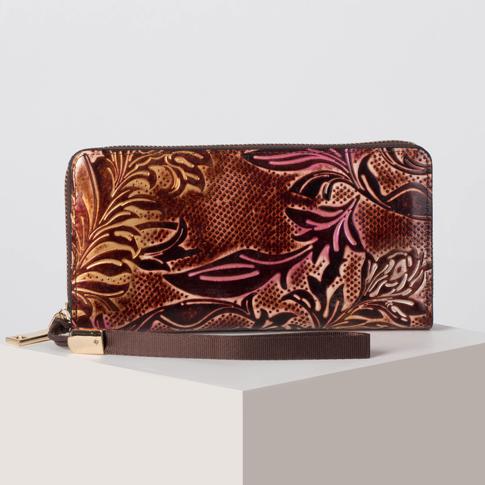 Кошелёк женский, 5 отделов, для карт, для монет, с ручкой, цвет коричневый