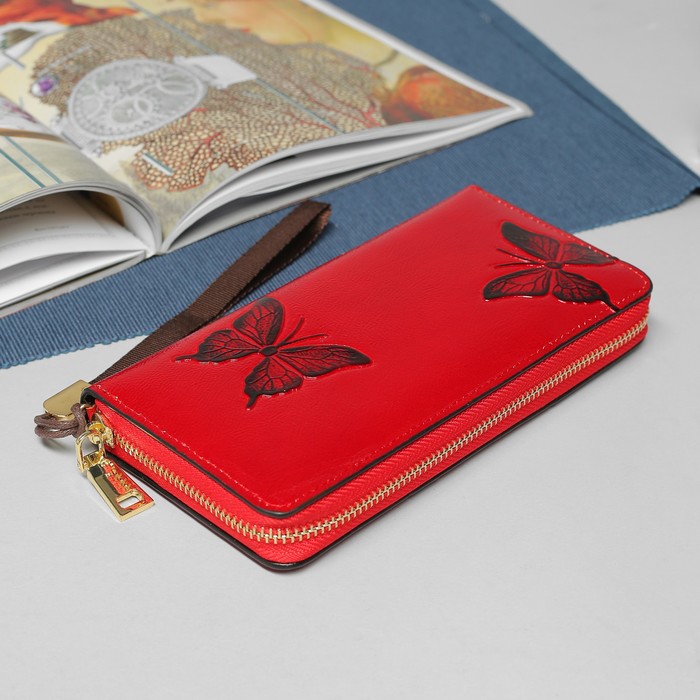 Кошелёк женский, 5 отделов, для карт, для монет, с ручкой, цвет красный