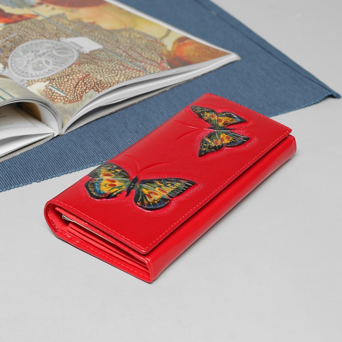 Кошелёк женский, 2 отдела рамка, 4 отдела, для карт, для монет, цвет красный