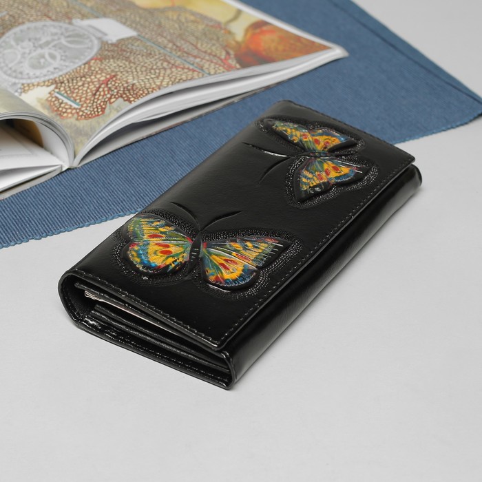 Кошелёк женский, 2 отдела рамка, 4 отдела, для карт, для монет, цвет чёрный