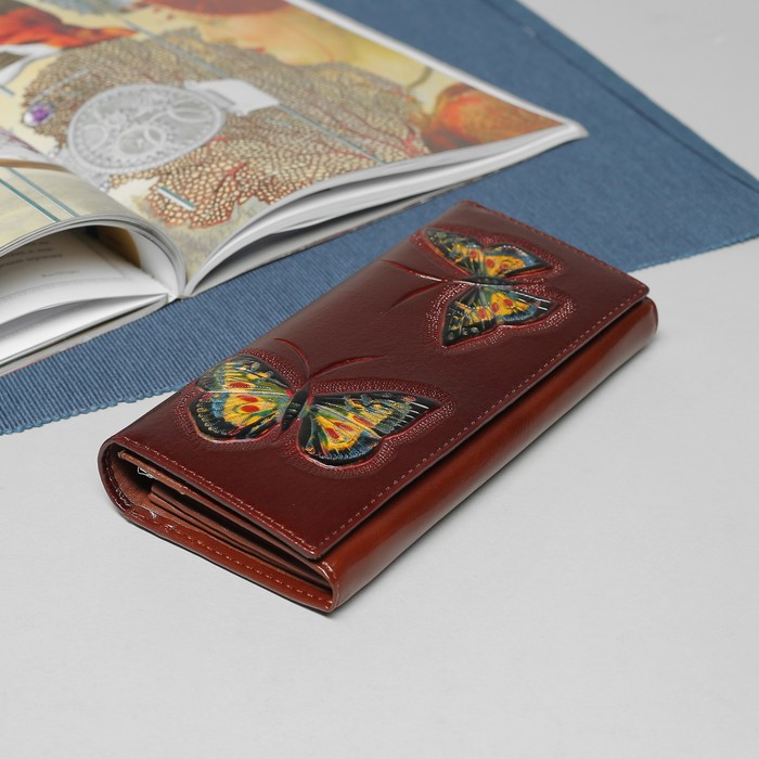 Кошелёк женский, 2 отдела рамка, 4 отдела, для карт, для монет, цвет коричневый