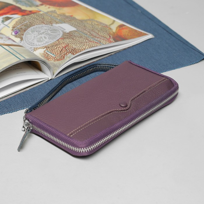 Кошелёк женский, 6 отделов, для карт, для монет, 2 наружных кармана, с ручкой, цвет фиолетовый