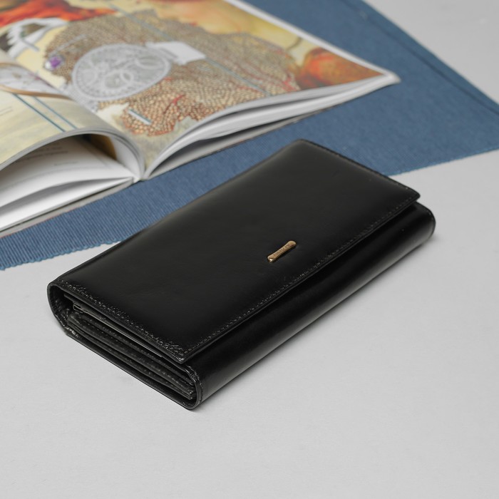 Кошелёк женский, 2 отдела рамка, 4 отдела, для карт, для монет, наружный карман, цвет чёрный