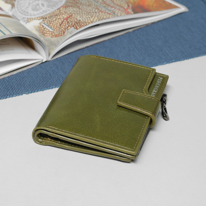 Кошелёк женский, 6 отделов, для карт, для монет, на кнопке, цвет оливковый