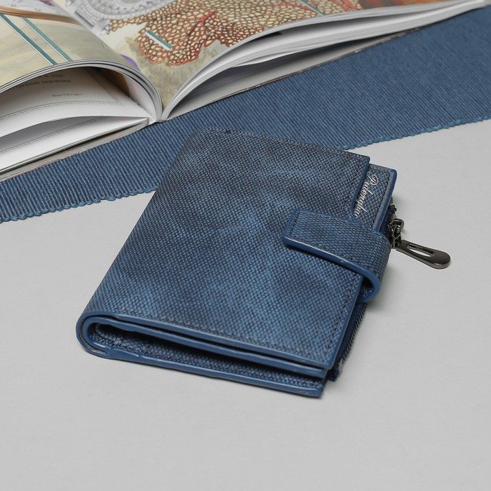 Кошелёк женский, 6 отделов, для карт, для монет, на кнопке, цвет синий