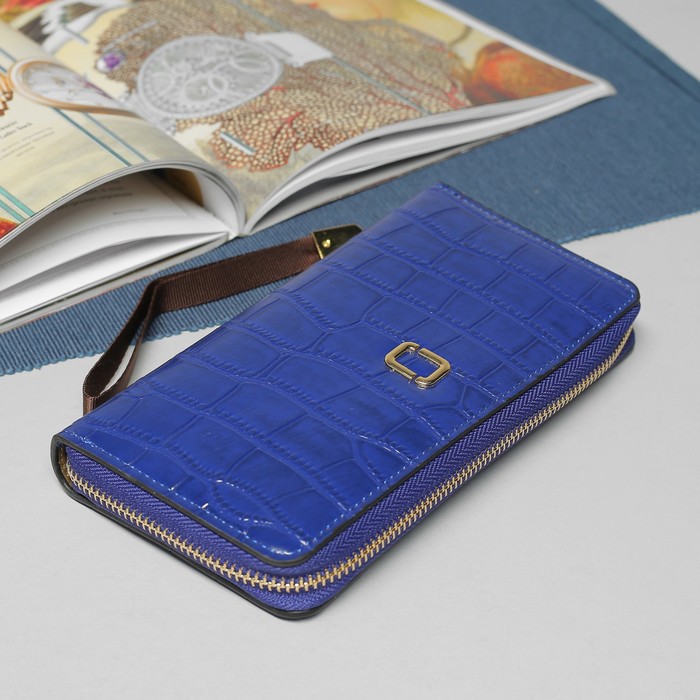 Кошелёк женский, 5 отделов, для карт, для монет, на молнии, с ручкой, цвет синий