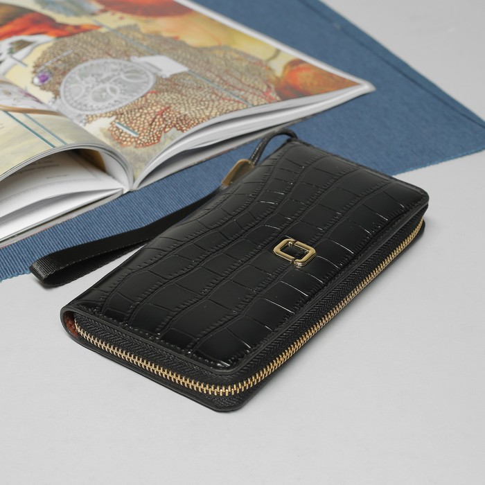 Кошелёк женский, 5 отделов, для карт, для монет, на молнии, с ручкой, цвет чёрный