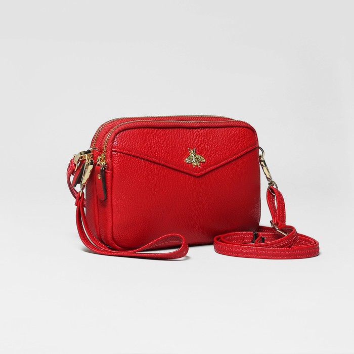 Сумка женская, 2 отдела на молниях, с ручкой, длинный ремень, цвет красный