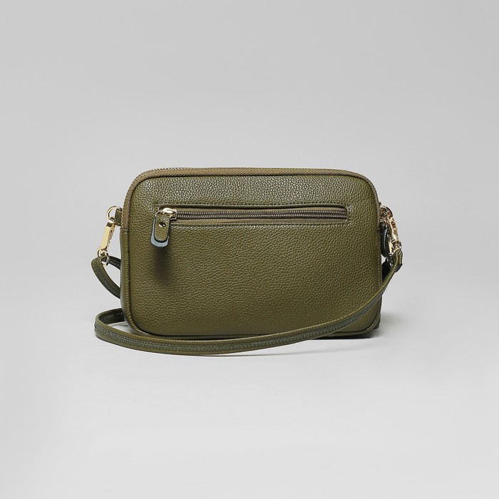Сумка женская, 2 отдела на молниях, с ручкой, длинный ремень, цвет оливковый