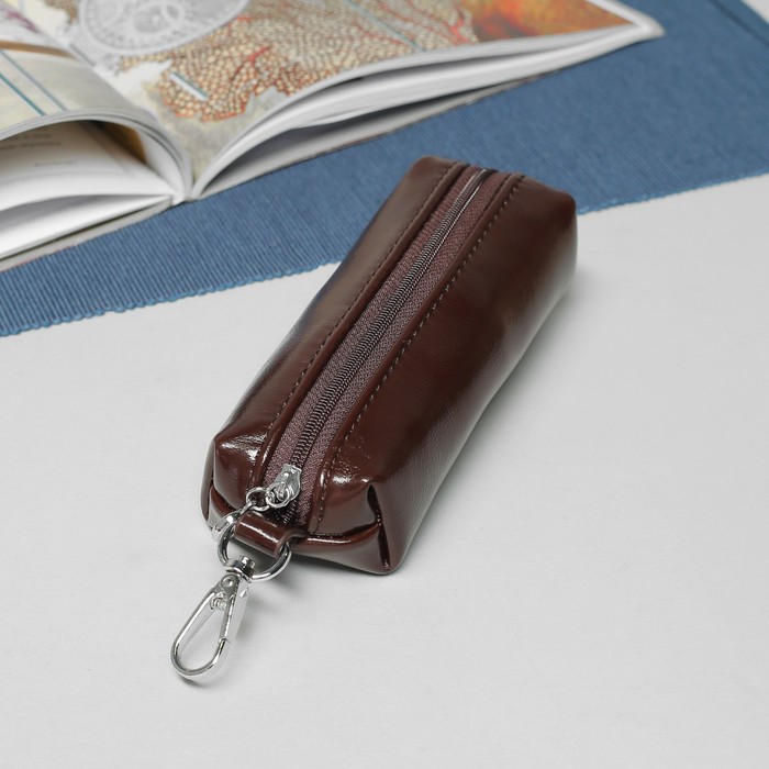 Ключница, отдел на молнии, с кольцом, карабин, цвет коричневый