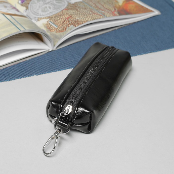 Ключница, отдел на молнии, с кольцом, карабин, цвет чёрный