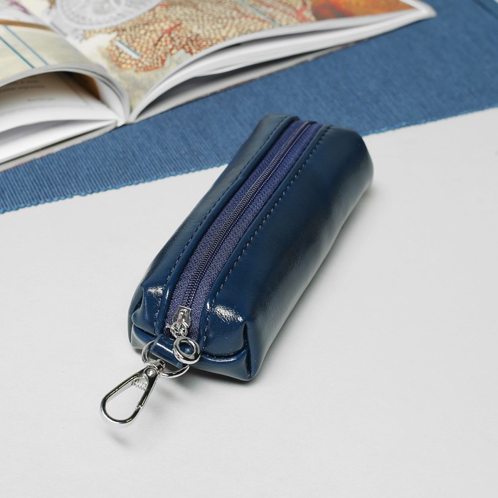 Ключница, отдел на молнии, с кольцом, карабин, цвет синий