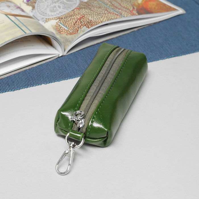 Ключница, отдел на молнии, с кольцом, карабин, цвет зелёный