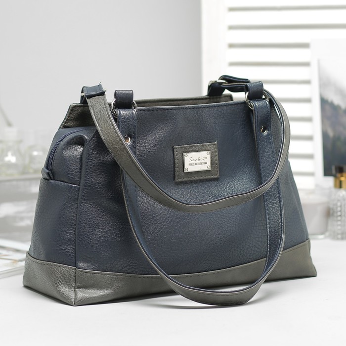 Сумка женская, 3 отдела на молнии, наружный карман, цвет синий/серый