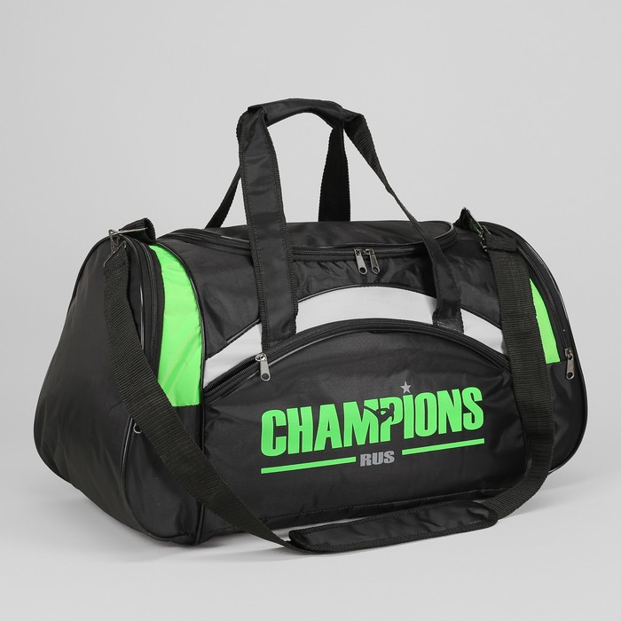 Сумка спорт "Champions", отдел на молнии, 3 наружных кармана, цвет чёрный/зелёный
