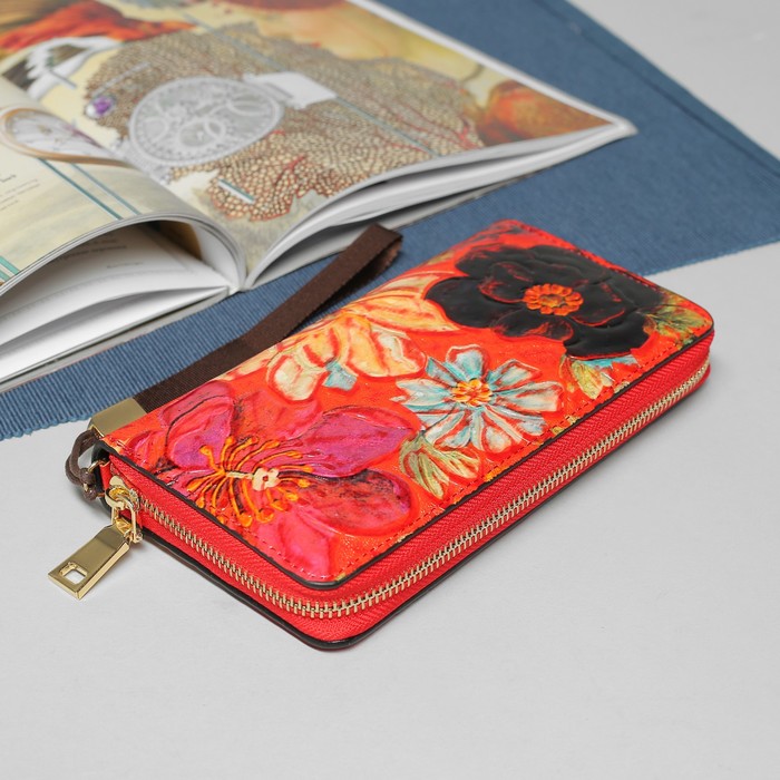 Кошелёк женский, 5 отделов, для карт, для монет, с ручкой, цвет красный