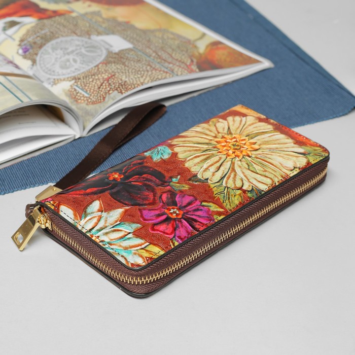 Кошелёк женский, 5 отделов, для карт, для монет, с ручкой, цвет кофе