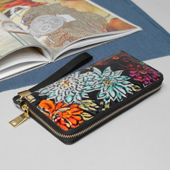 Кошелёк женский, 5 отделов, для карт, для монет, с ручкой, цвет чёрный