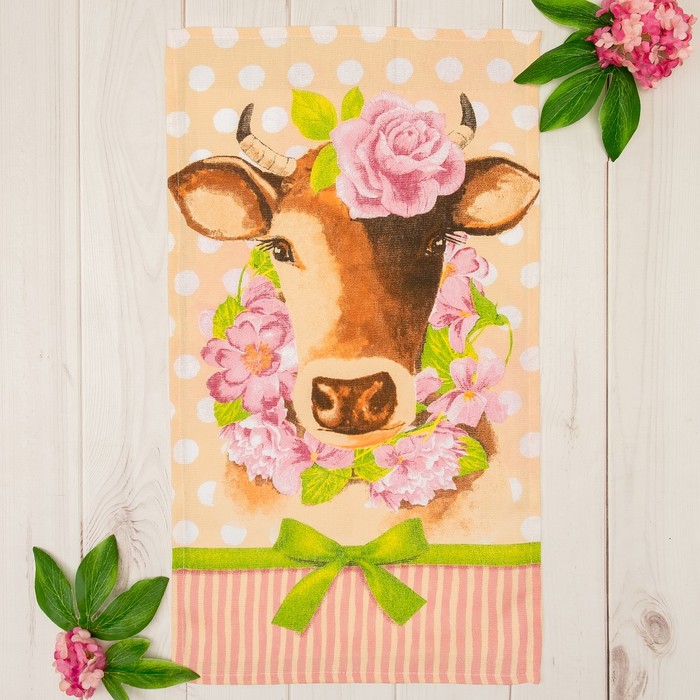 Полотенце "Доляна" Коровка 35х60 см, 100% хлопок,рогожка, 162г/м2