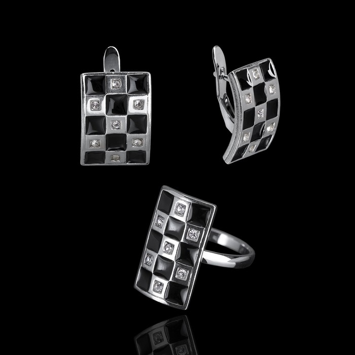 Гарнитур 2 предмета: серьги, кольцо "Нарды", размер 17, цвет белый в серебре