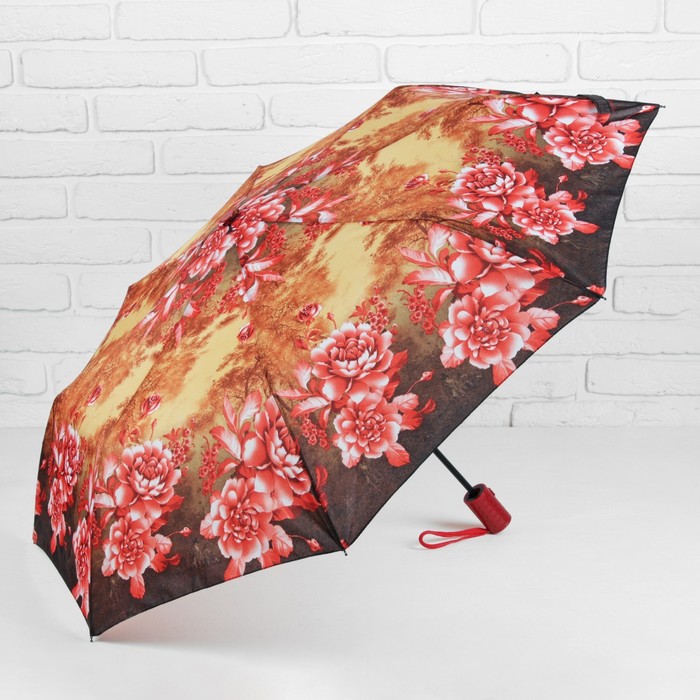 Зонт полуавтоматический "Цветы Пионы", R=49см, цвет оранжевый