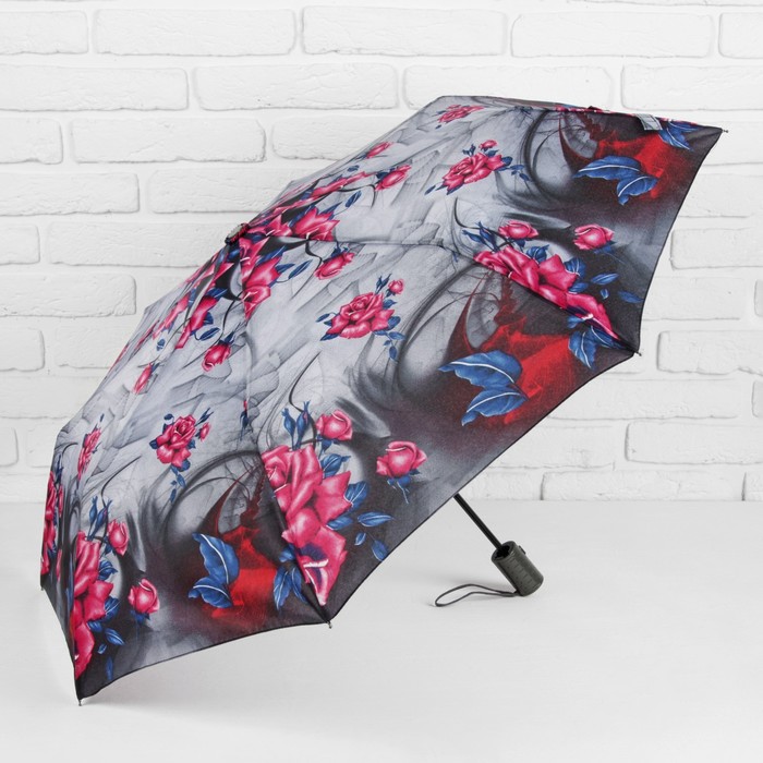 Зонт полуавтоматический "Цветы Розы", R=49см, цвет серый/розовый