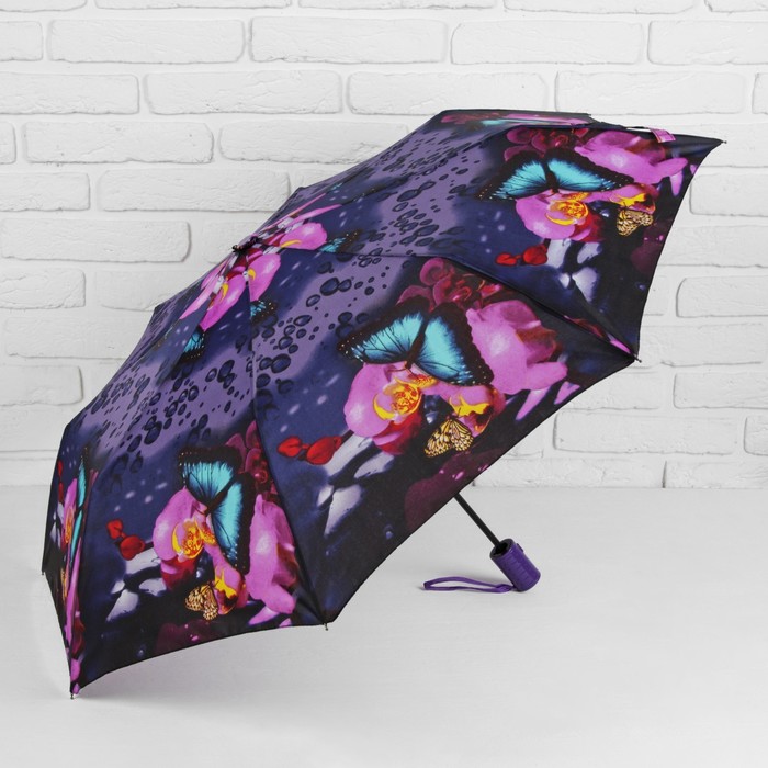 Зонт полуавтоматический "Бабочка на цветке", R=49см, цвет фиолетовый/розовый