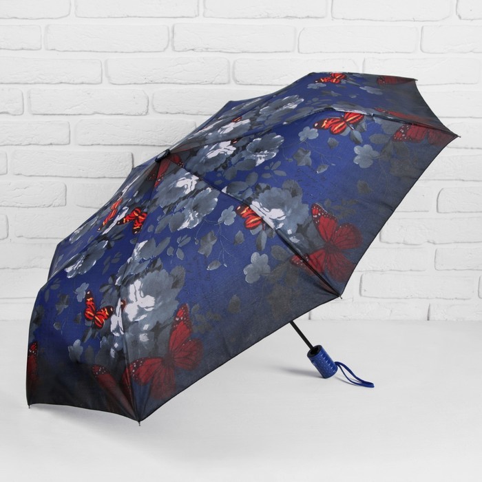 Зонт полуавтоматический "Бабочка на розах", R=49см, цвет синий/серый
