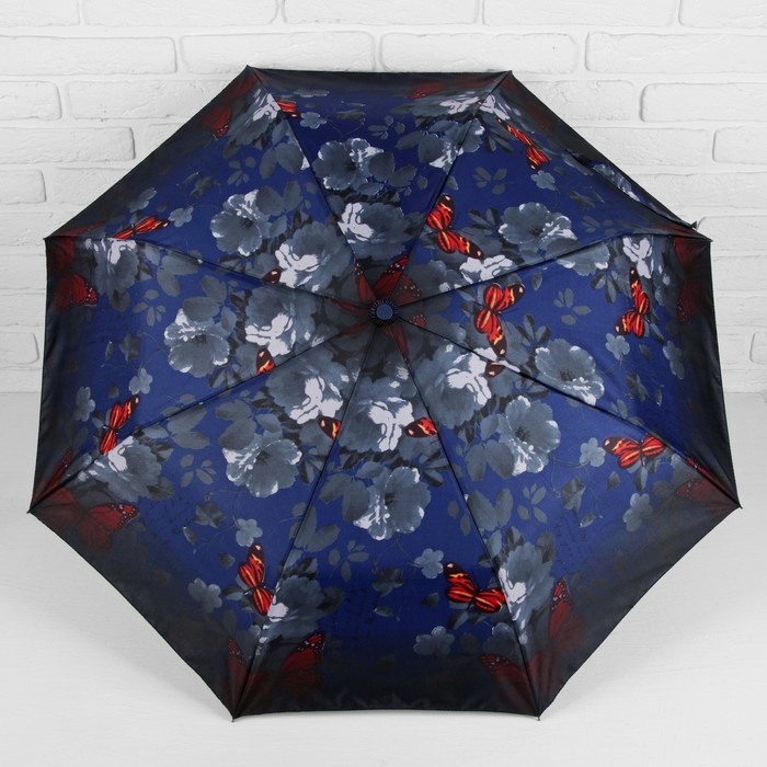 Зонт полуавтоматический "Бабочка на розах", R=49см, цвет синий/серый
