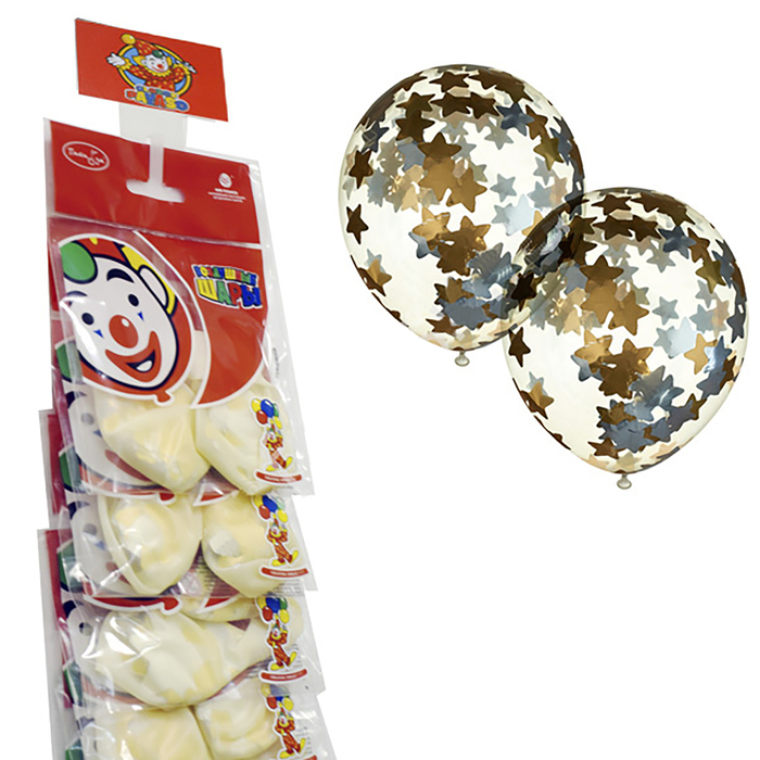 Шар латексный на стрип ленте 12" "Прозрачный с конфетти" фольга звезды, золото, 2 шт