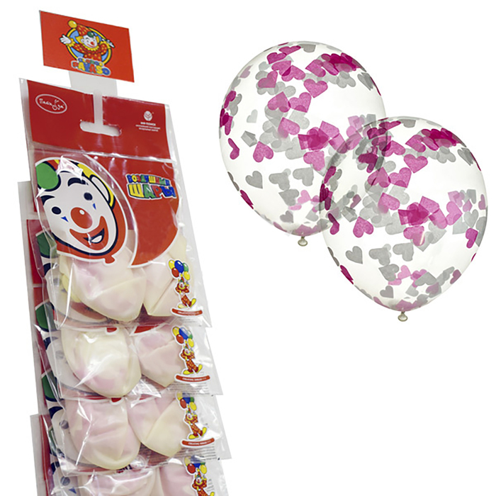 Шар латексный на стрип ленте 12" "Прозрачный с конфетти" бумага сердца, белые розовые, 2 шт