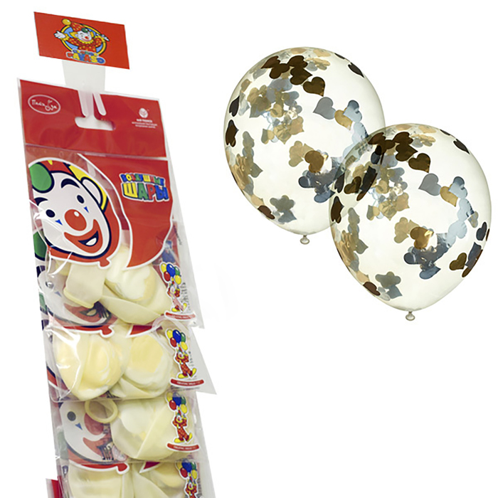 Шар латексный на стрип ленте 12" "Прозрачный с конфетти" фольга сердца, золото и серебро, 2шт 32666