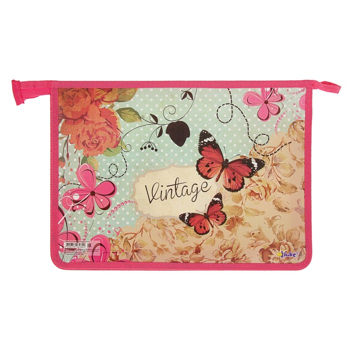 Папка для тетрадей А4 молния сверху, пластиковая, для девочки ПТ-83 «Винтаж бабочка»