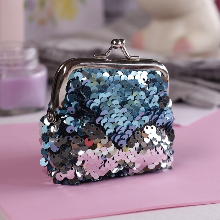 Кошелёк детский "Сияние", пайетки, отдел на фермуаре, цвет голубой/серебристый