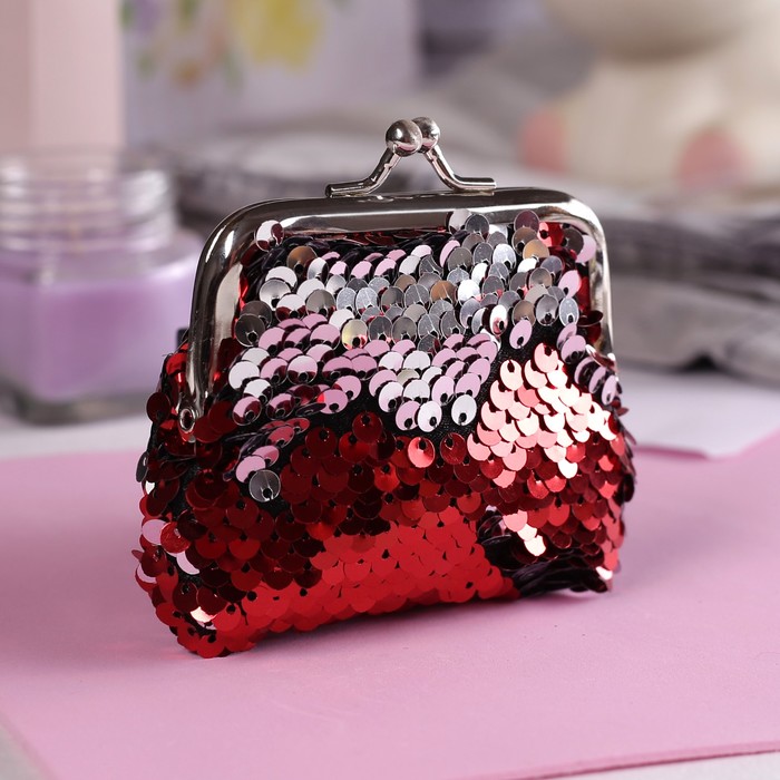 Кошелёк детский "Сияние", пайетки, отдел на фермуаре, цвет красный/серебро